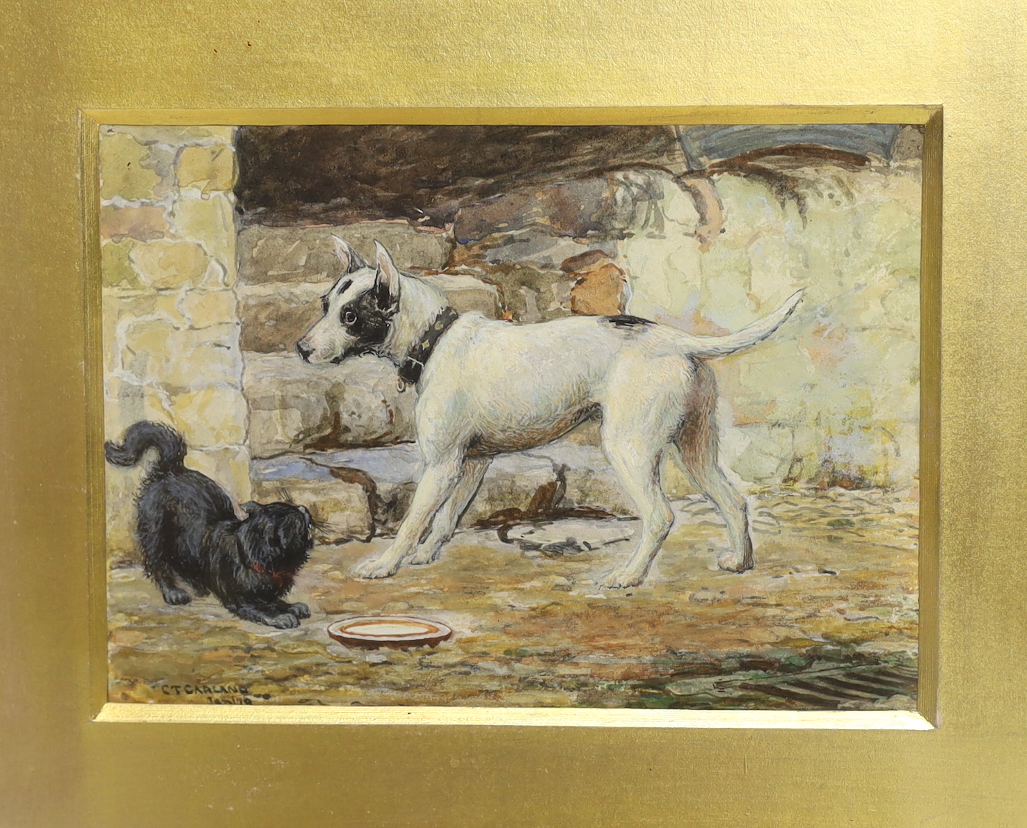 Charles Trevor Garland (1851-1906), two watercolours, Dog and cat and Boy angler, one signed and dated Jan '79, largest 12 x 17cm. Condition - fair